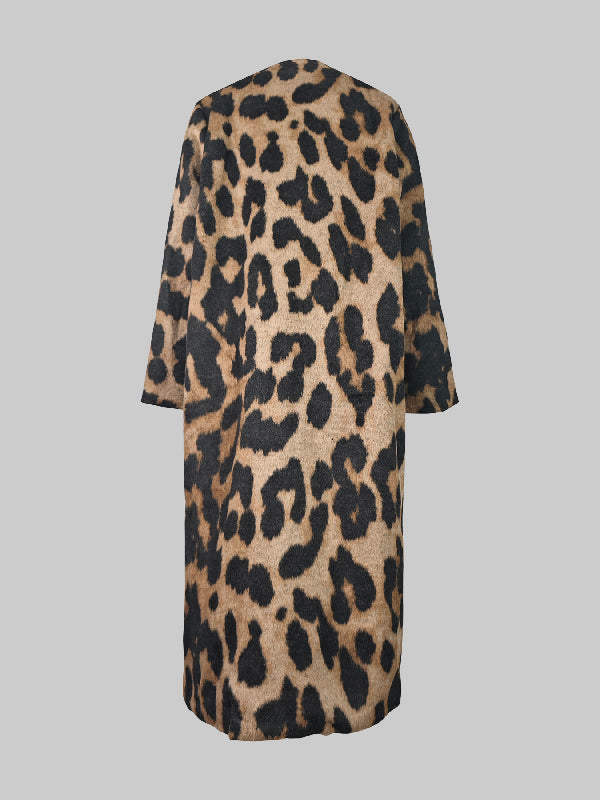 Long Sleeves Loose Buttoned Leopard Pockets Split-Joint V-Neck Outerwear Trench Coats
