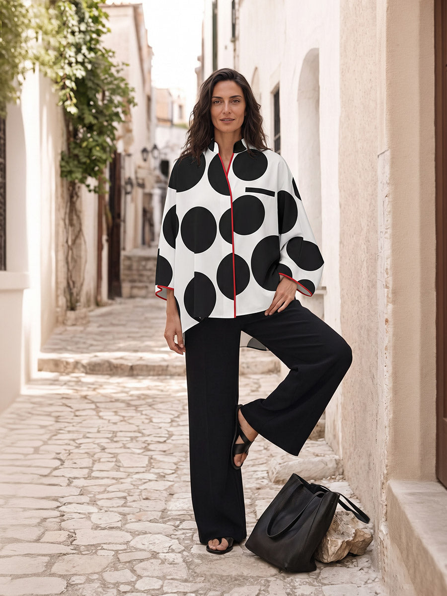 Polka-Dot Contrast Color Three-quarter Sleeves Loose Stand Collar Blouses&shirts Tops