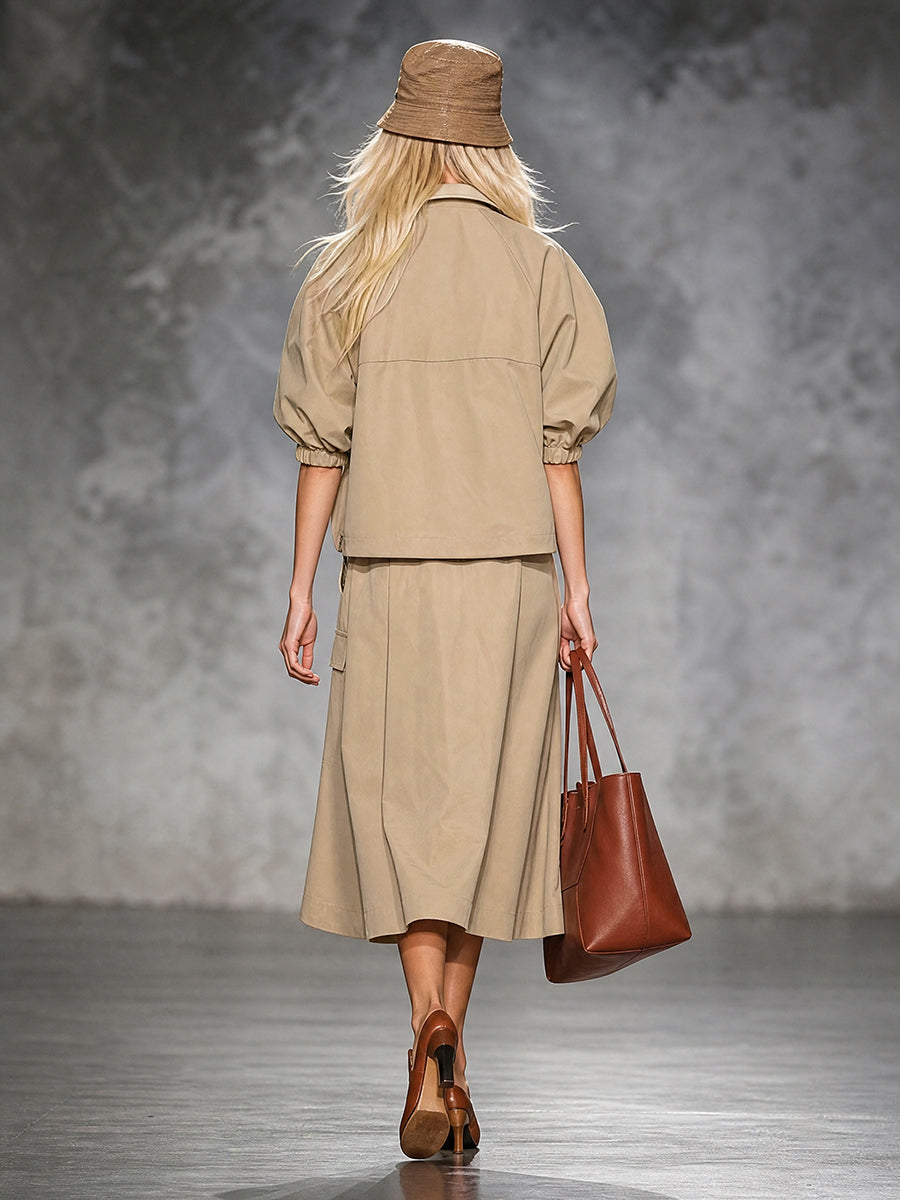 Solid Color Pockets Elasticity Belted Loose A-line Skirts