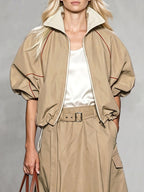 Zipper Drawstring Contrast Color Loose Half Sleeves Lapel Outerwear