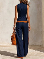 High Waisted Wide Leg Contrast Color Drawstring Pockets Pants Trousers