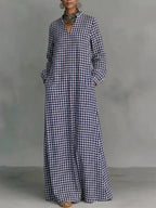 Pockets Plain Contrast Color Puff Sleeves Loose V-neck Maxi Dresses