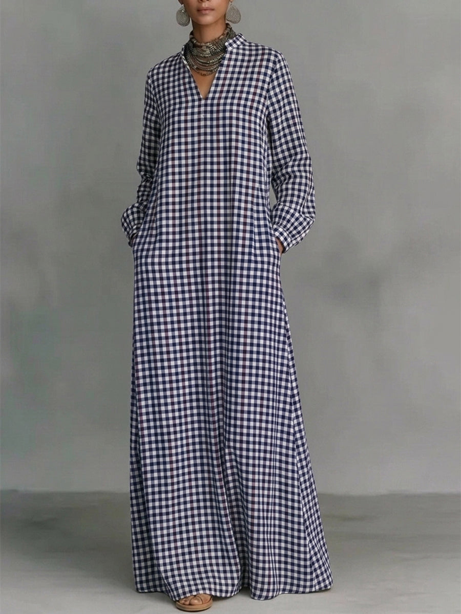 Pockets Plain Contrast Color Puff Sleeves Loose V-neck Maxi Dresses