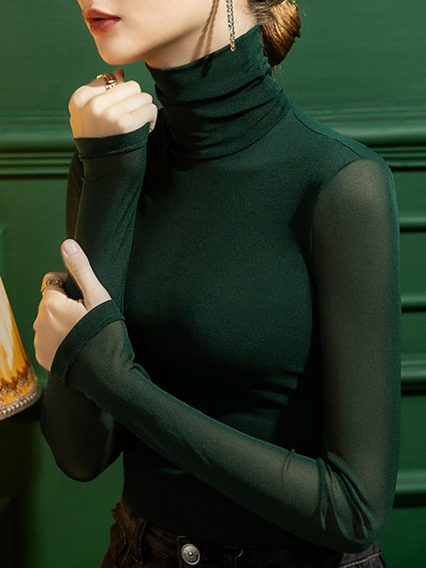 Long Sleeves Plus Size See-Through Solid Color Split-Joint High Neck T-Shirts