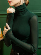 Long Sleeves Plus Size See-Through Solid Color Split-Joint High Neck T-Shirts
