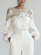 Loose Puff Sleeves Applique Flower Shape Mesh Split-Joint Round-Neck Blouses&Shirts Tops