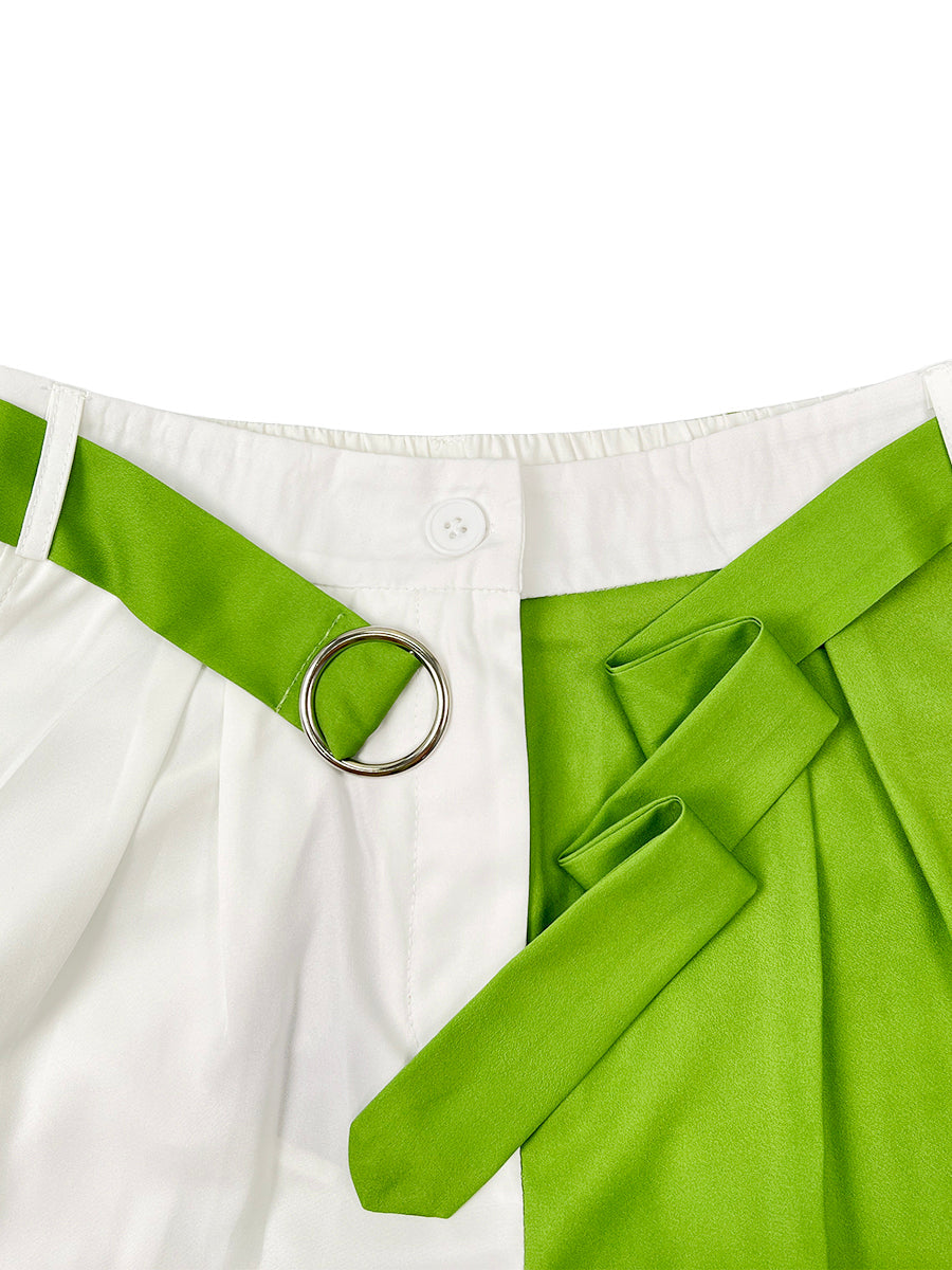 High Waisted Belted Contrast Color Pleated Pockets Pants Trousers