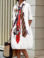 Long Sleeves Loose Buttoned Pockets Printed Lapel Midi Dresses