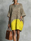 Split-Joint Polka-Dot Pockets Contrast Color Three-quarter Sleeves Puff Sleeves Boat Neck Mini Dresses