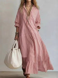 Striped Split-Joint Pockets Pleated Contrast Color Plus Size Loose V-neck Maxi Dresses