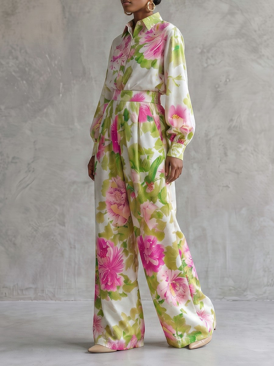 Flower Print Contrast Color Buttoned Loose Long Sleeves Lapel Blouses&shirts Tops