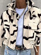 Long Sleeves Loose Buttoned Drawstring Pockets Printed Split-Joint Zipper Stand Collar Jackets Outerwear