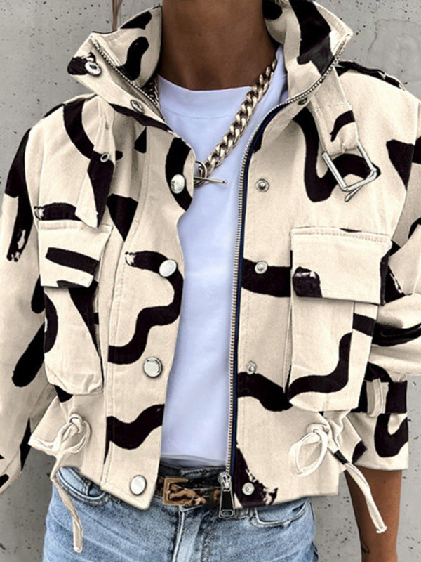Long Sleeves Loose Buttoned Drawstring Pockets Printed Split-Joint Zipper Stand Collar Jackets Outerwear
