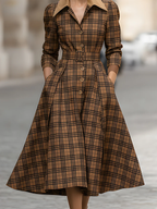 High Waisted Three-Quarter Sleeves Belted Buttoned Plaid Pleated Pockets Lapel Midi Dresses