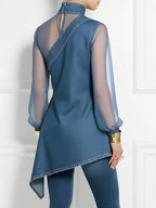 Long Sleeves Puff Sleeves Asymmetric Mesh Split-Joint Mock Neck Blouses&Shirts Tops