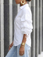 Loose Puff Sleeves Buttoned Solid Color Tied Lapel Blouses&Shirts Tops