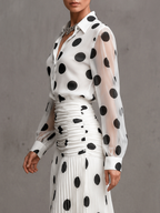 Long Sleeves Loose Buttoned Polka-Dot Printed Lapel Blouses&Shirts Tops