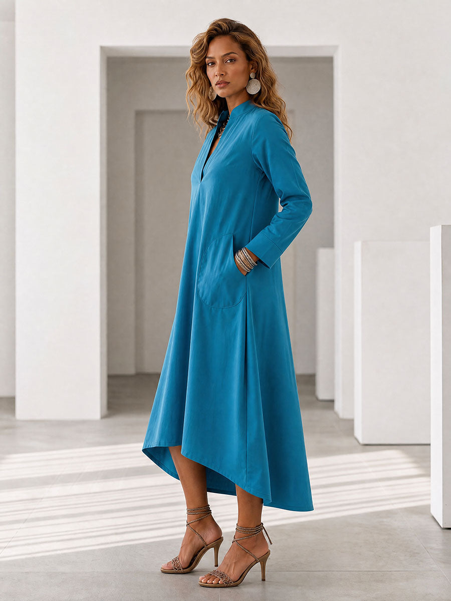 Solid Color Pockets Loose Long Sleeves V-neck Midi Dresses