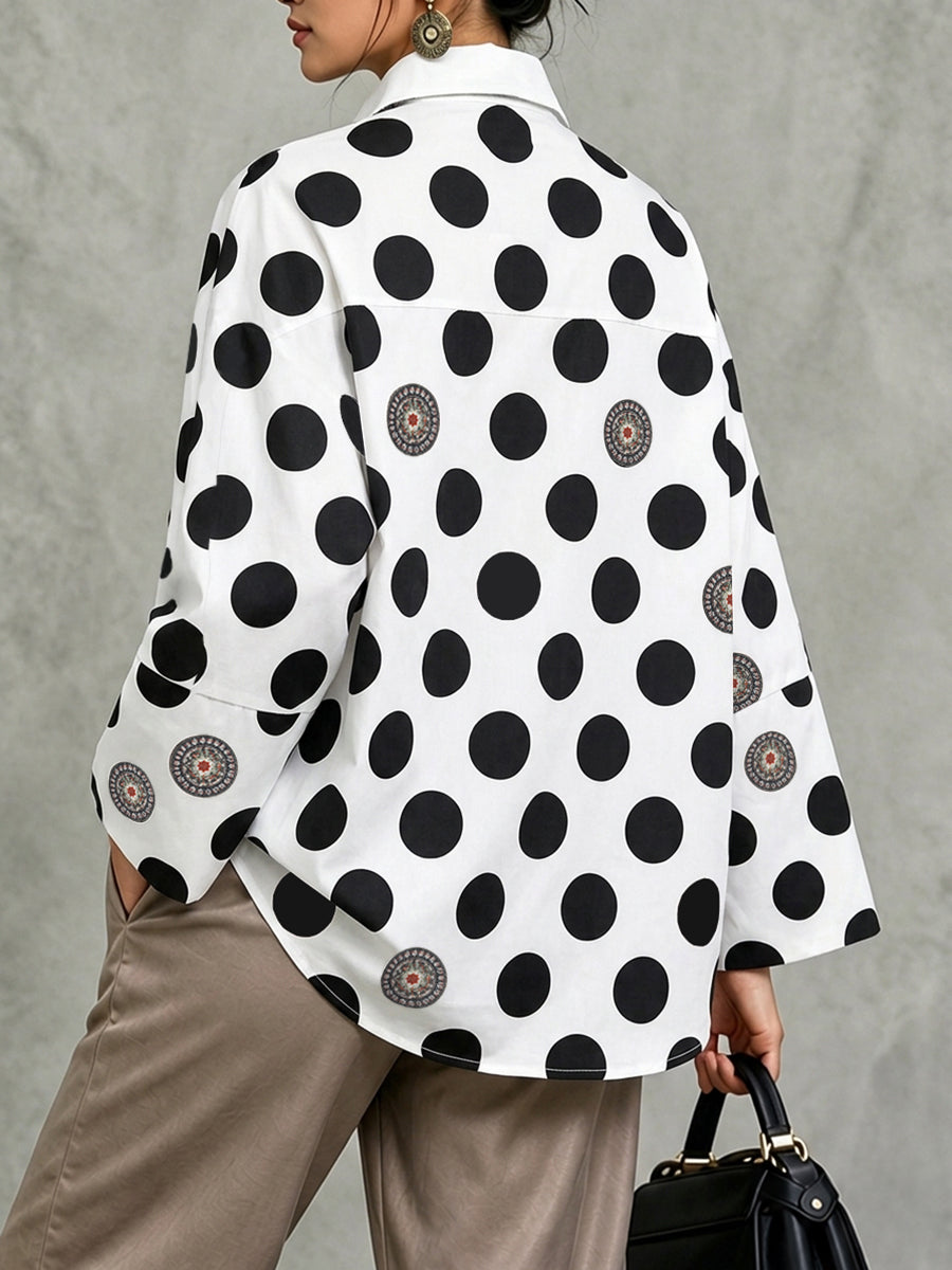 Long Sleeves Loose Buttoned Polka Dot Printed V-Neck Blouses&Shirts Tops