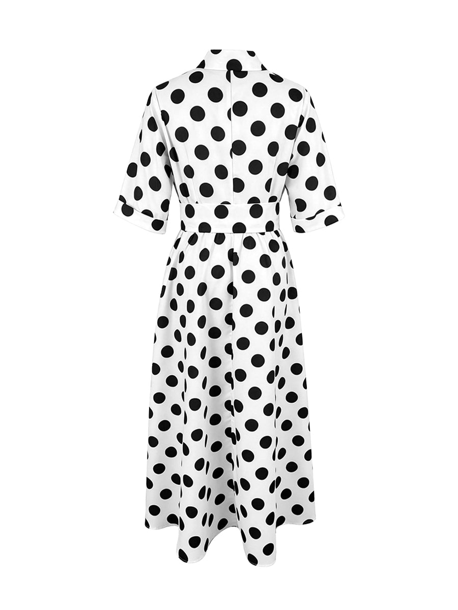 A-Line Half Sleeves Buttoned Contrast Color Elasticity Polka Dot Lapel Maxi Dresses Shirt Dress