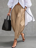 Solid Color Pockets Elasticity Buttoned Wide Leg Cropped Trousers Pants
