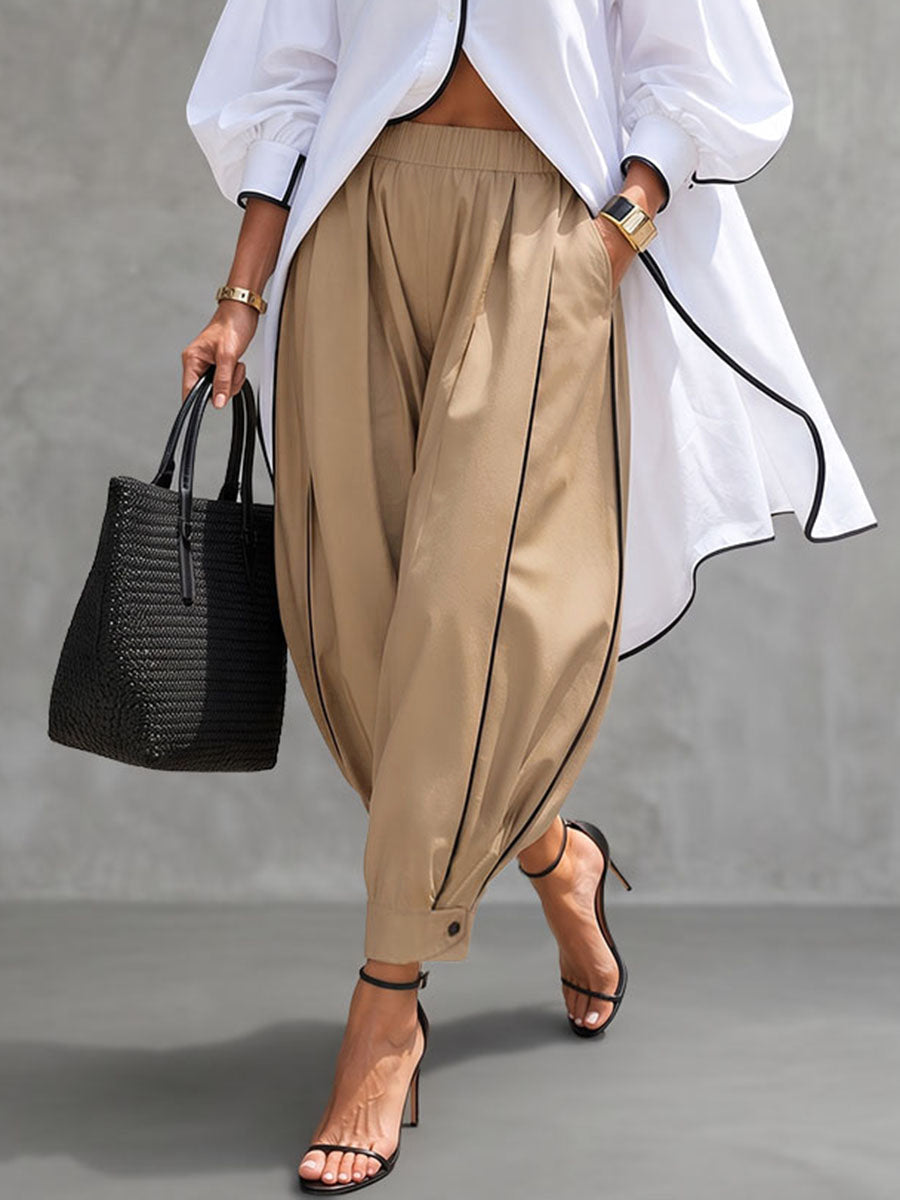 Solid Color Pockets Elasticity Buttoned Wide Leg Cropped Trousers Pants