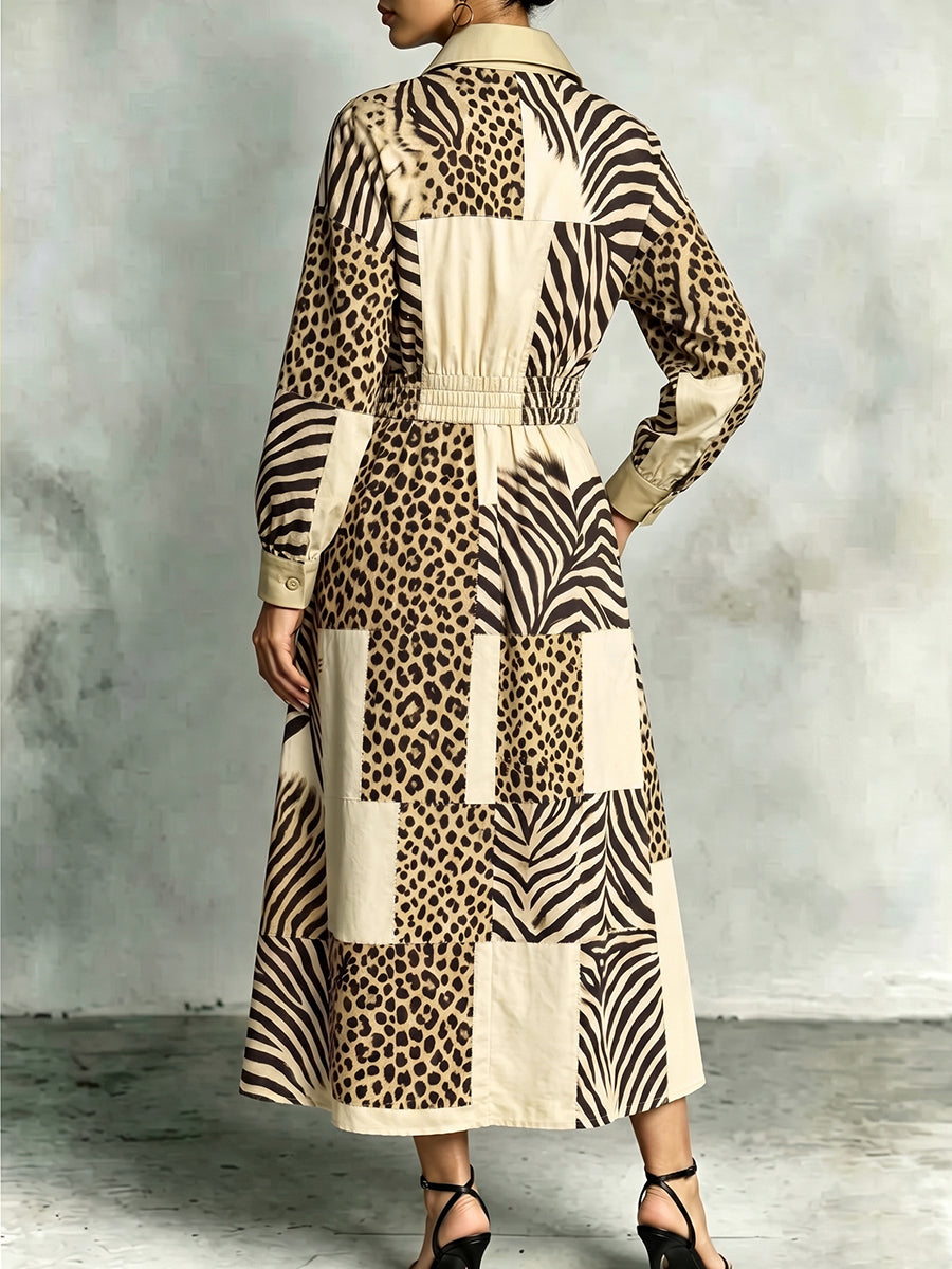 Zebra Printed Split-Joint Pockets Leopard Elasticity Contrast Color Buttoned Long Sleeves High Waisted Lapel Maxi Dresses