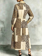 Zebra Printed Split-Joint Pockets Leopard Elasticity Contrast Color Buttoned Long Sleeves High Waisted Lapel Maxi Dresses