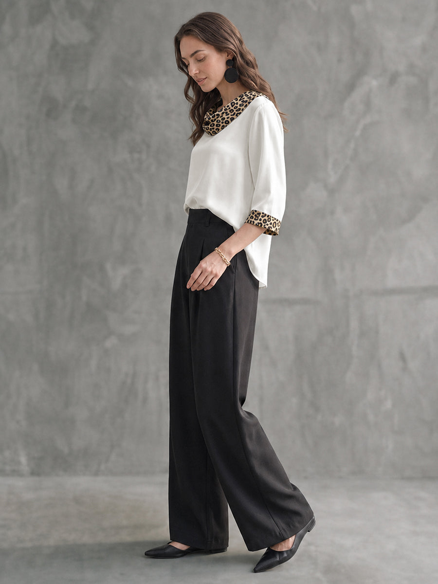 Split-Joint Leopard Contrast Color Three-quarter Sleeves Loose Heaps Collar Blouses&shirts Tops