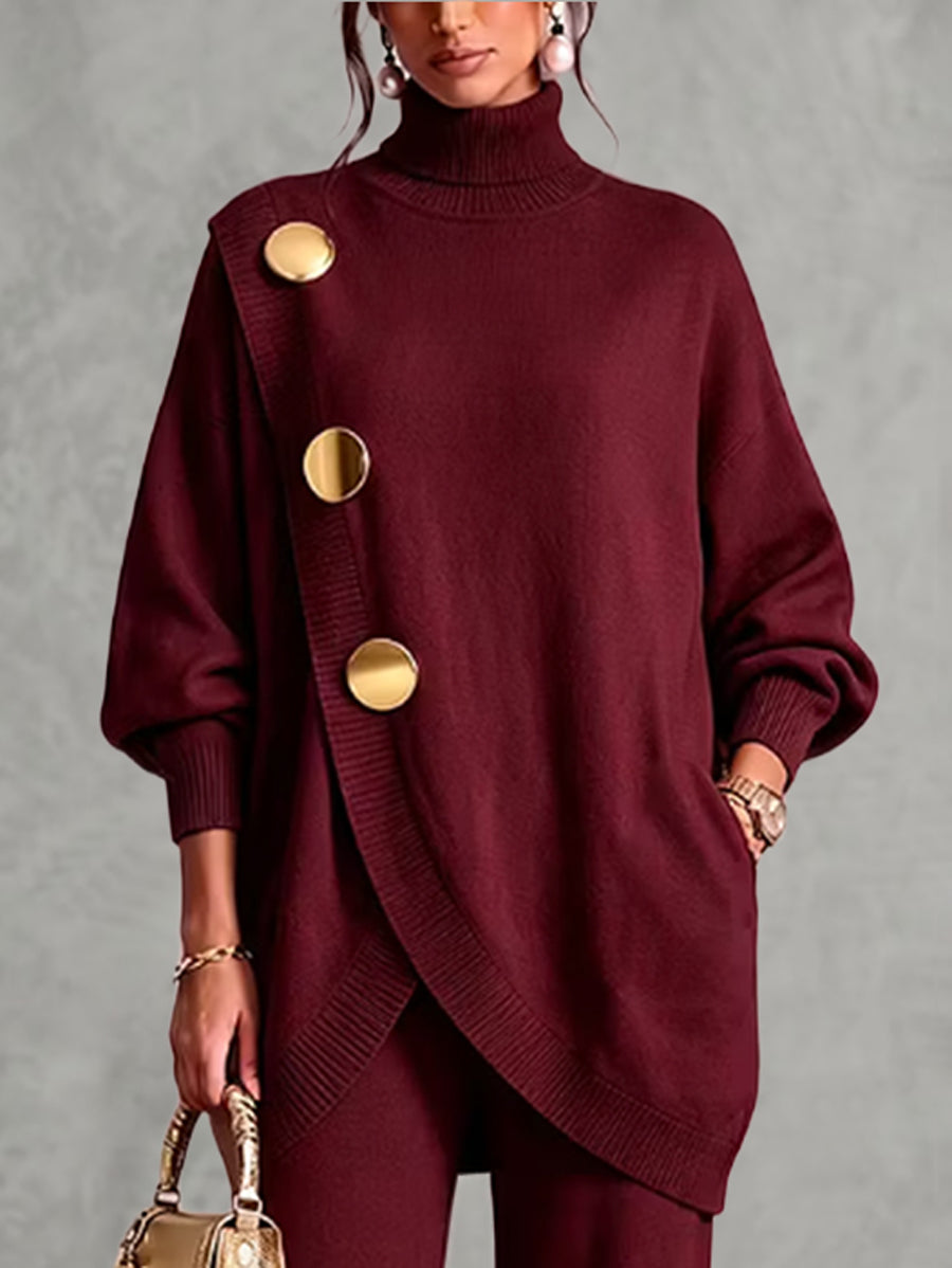 Solid Color Ribbed Pockets Buttoned Asymmetric Loose Long Sleeves High-neck Sweater Tops Pullovers