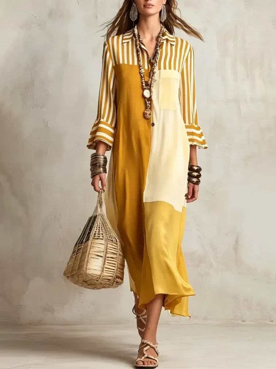 Striped Split-Joint Contrast Color Three-quarter Sleeves Ruffle Sleeves Lapel Midi Dresses
