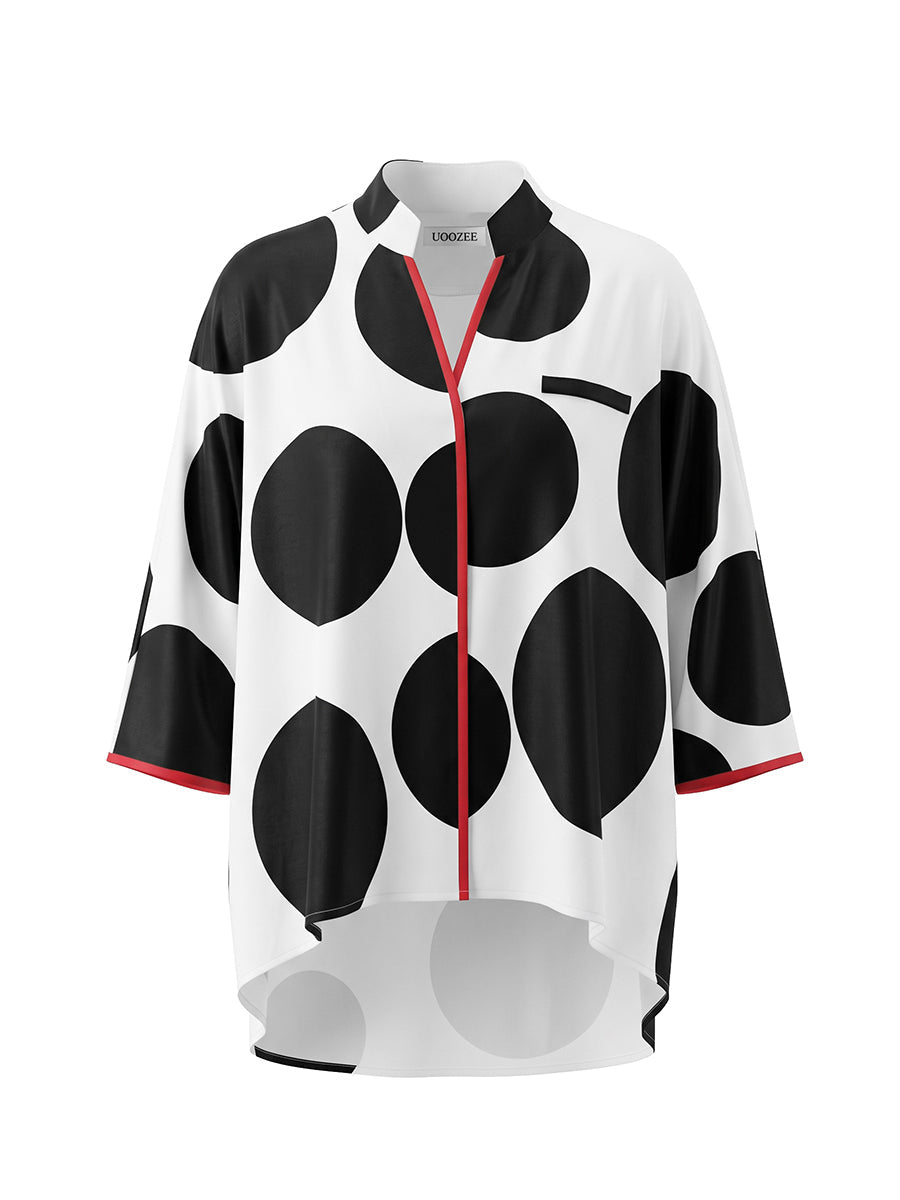 Polka-Dot Contrast Color Three-quarter Sleeves Loose Stand Collar Blouses&shirts Tops
