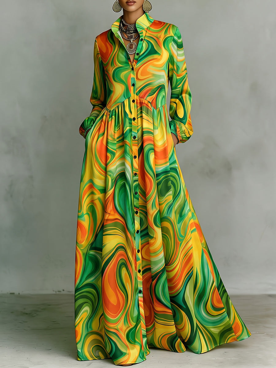 Printed Pockets Pleated Contrast Color Loose Long Sleeves Stand Collar Maxi Dresses
