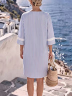 Striped Printed Pockets Contrast Color Loose Half Sleeves V-neck Midi Dresses
