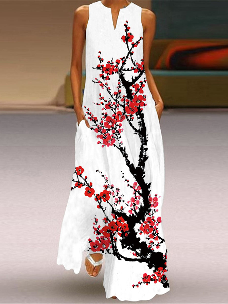 Loose Plus Size Contrast Color Pockets Printed V-Neck Maxi Dresses