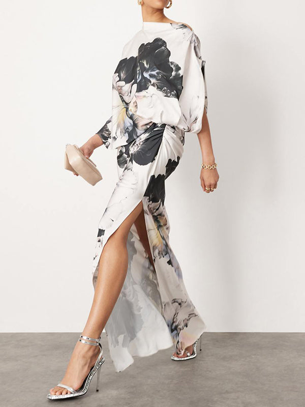 Batwing Sleeves Loose Asymmetric Floral Printed Split-Joint Split-Side One-Shoulder Evening Dresses Maxi Dresses