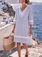 Striped Printed Pockets Contrast Color Loose Half Sleeves V-neck Midi Dresses