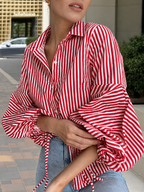 Striped Split-Joint Drawstring Buttoned Puff Sleeves Loose Lapel Blouses&shirts Tops