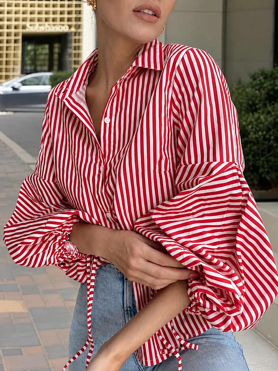 Striped Split-Joint Drawstring Buttoned Puff Sleeves Loose Lapel Blouses&shirts Tops
