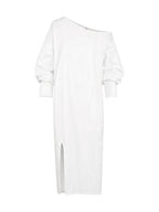 Long Sleeves Loose Solid Color Split-Side One-Shoulder Midi Dresses