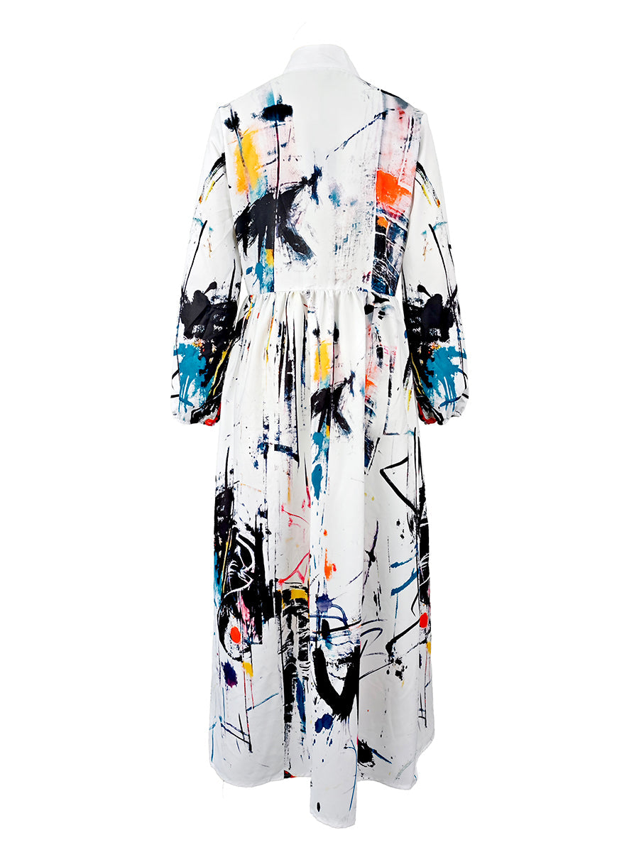 Split-Joint Printed Pockets Pleated Buttoned Loose Long Sleeves Stand Collar Shirt Dress Maxi Dresses