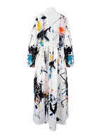 Split-Joint Printed Pockets Pleated Buttoned Loose Long Sleeves Stand Collar Shirt Dress Maxi Dresses