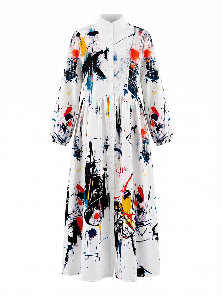 Split-Joint Printed Pockets Pleated Buttoned Loose Long Sleeves Stand Collar Shirt Dress Maxi Dresses