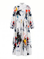Split-Joint Printed Pockets Pleated Buttoned Loose Long Sleeves Stand Collar Shirt Dress Maxi Dresses