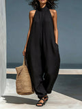 Loose Sleeveless Hollow Pockets Solid Color Mock Neck Jumpsuits