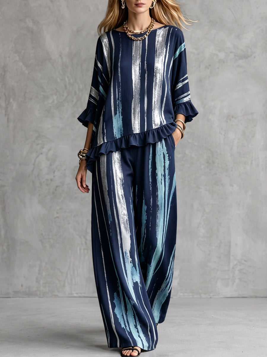 Printed Pockets Wide Leg High Waisted Trousers Pants