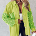 NENITA™ - Chic Oversized Sequin Hem Collared Button Down Jacket