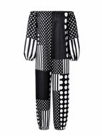 Long Sleeves Puff Sleeves Contrast Color Elasticity Polka Dot Split-Joint Striped Off-The-Shoulder Jumpsuits