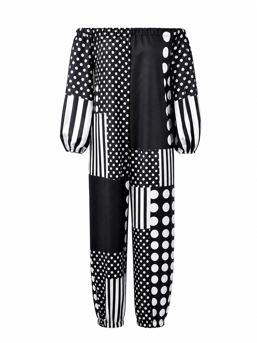 Long Sleeves Puff Sleeves Contrast Color Elasticity Polka Dot Split-Joint Striped Off-The-Shoulder Jumpsuits