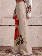 High Waisted Plus Size Buttoned Flower Print Pockets Pants Trousers